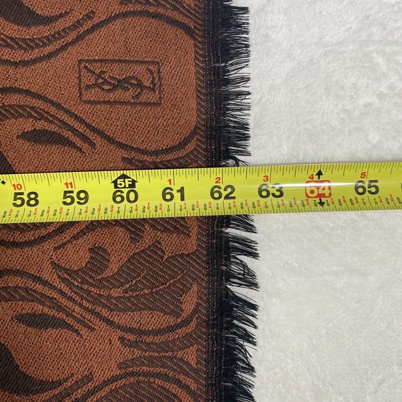Vintage Yves Saint Laurent Wool Scarf YSL Logo Pink Brown Fringe Artsy Boho - Picture 9 of 9
